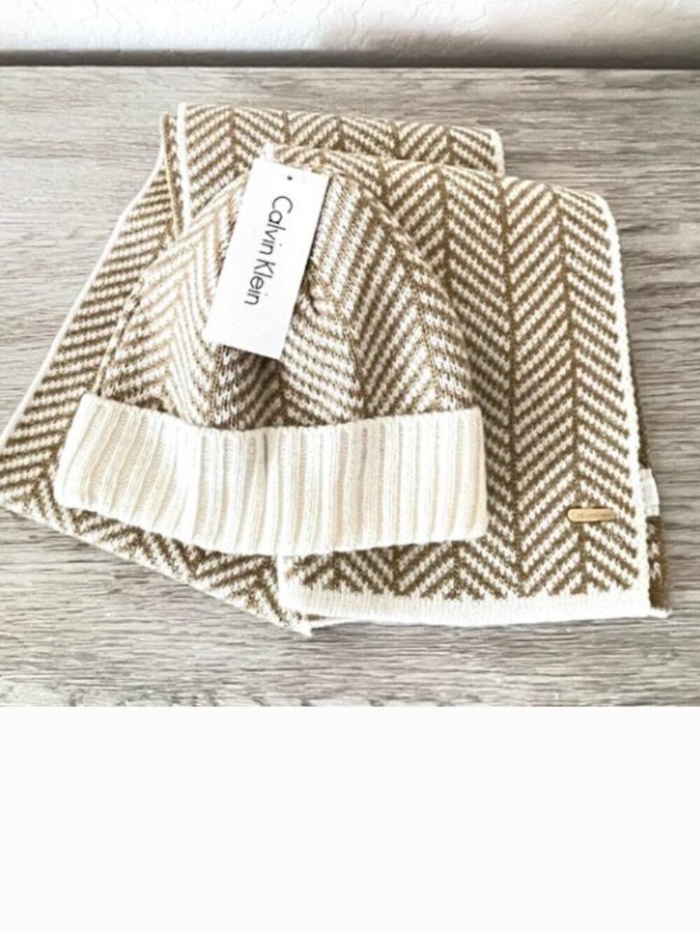 New Calvin Klein Hat Beanie Scarf Set Ivory Metallic Gold Herringbone Knit 2 Pc